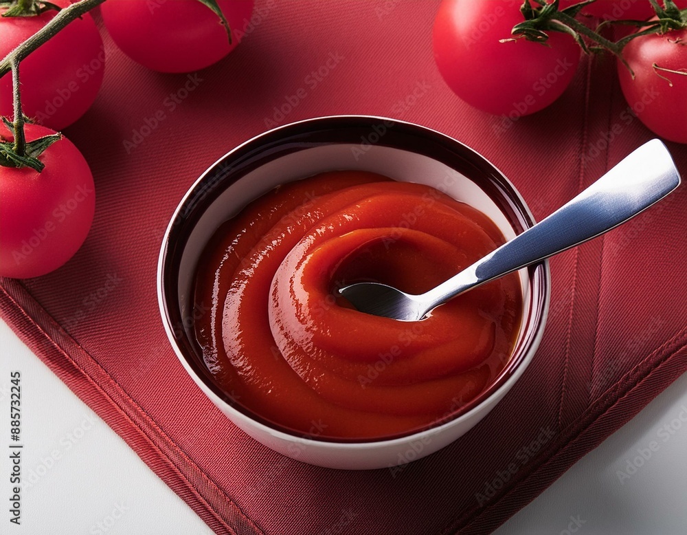 Top view of fresh tomato ketchup in bowl with spoon on white Top view of fresh tomato ketchup in bowl with spoon on white
