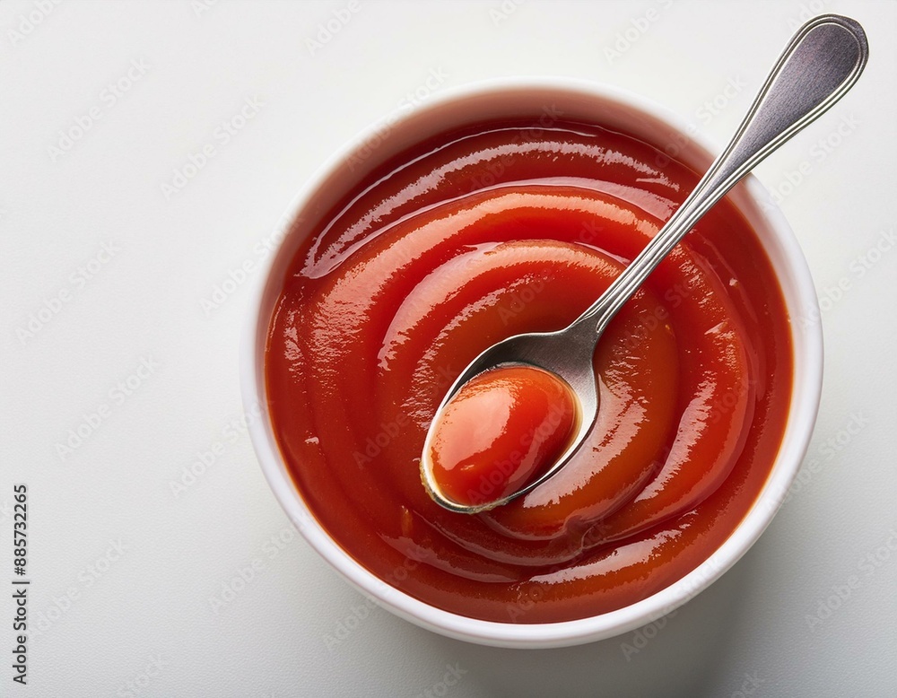 Top view of fresh tomato ketchup in bowl with spoon on white Top view of fresh tomato ketchup in bowl with spoon on white