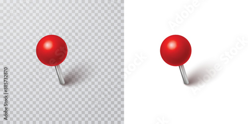 Pin with shadow isolated on transparent and white background. Vector 3d red plastic pushpin, sewing needle or board tack for paper notice