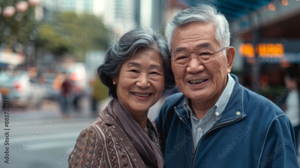 Asian old couple showing love and smiling at each other Asian old couple showing love and smiling at each other