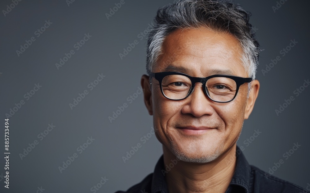 The portrait shows a mature, handsome Asian man with a polished smile and a confident look towards the camera. The portrait shows a mature, handsome Asian man with a polished smile and a confident look towards the camera.