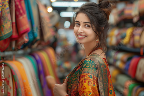 Young Indian woman smiling with confidence in sari shop.