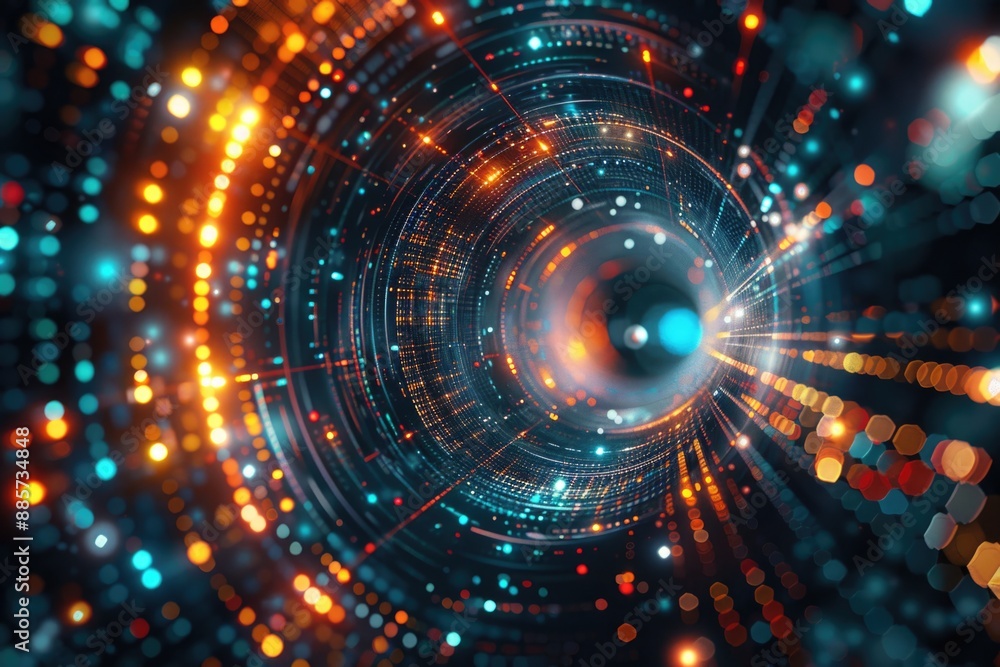Image of a black hole with bright lights surrounding it, ideal for science and technology-related uses Image of a black hole with bright lights surrounding it, ideal for science and technology-related uses