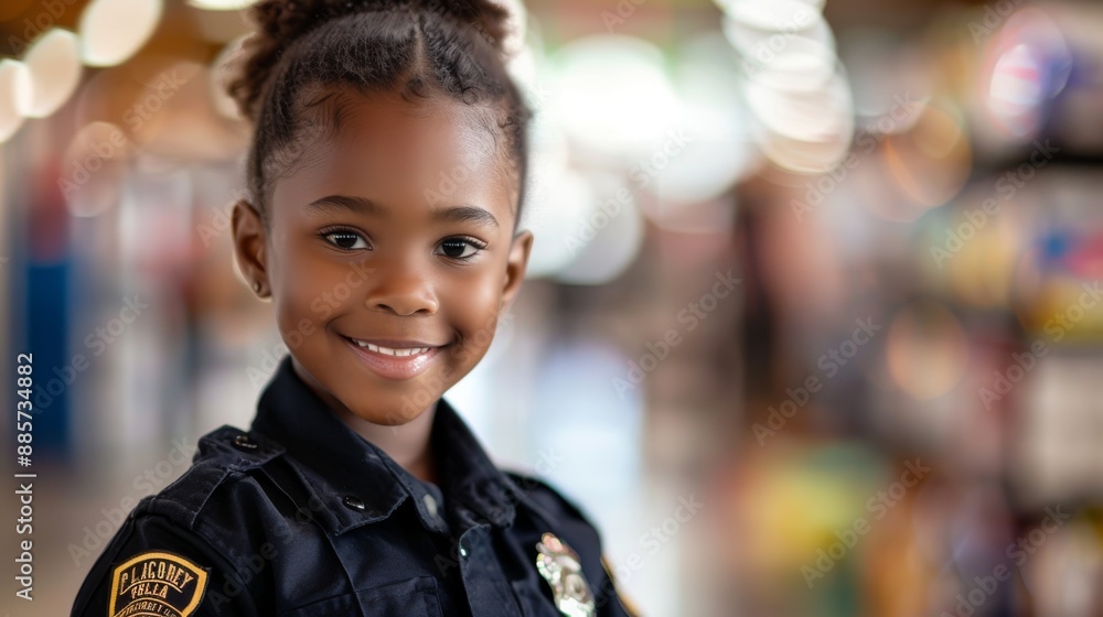 Smiley African-American Kid as a Police Officer With a bright smile and a confident pose, this cheerful child is dressed in a police uniform. Smiley African-American Kid as a Police Officer With a bright smile and a confident pose, this cheerful child is dressed in a police uniform.
