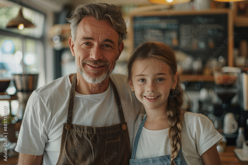 Caucasian father and daughter hugging each other in his coffee shop. Caucasian father and daughter hugging each other in his coffee shop.