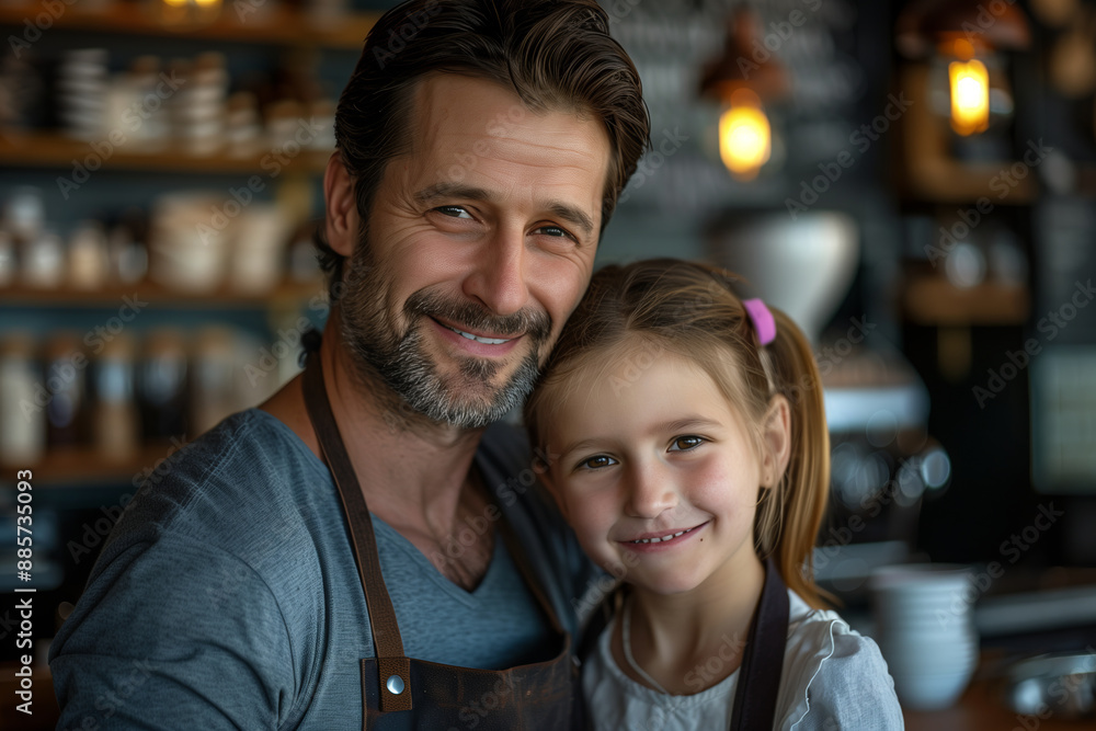 Caucasian father and daughter hugging each other in his coffee shop. Caucasian father and daughter hugging each other in his coffee shop.