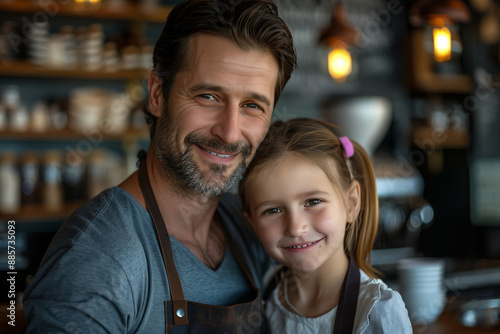 Caucasian father and daughter hugging each other in his coffee shop.