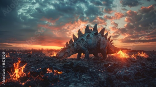 Fototapeta Naklejka Na Ścianę i Meble -  AI-generated majestic dinosaurs in a prehistoric landscape. Global Earth disaster. The concept of dinosaur extinction.