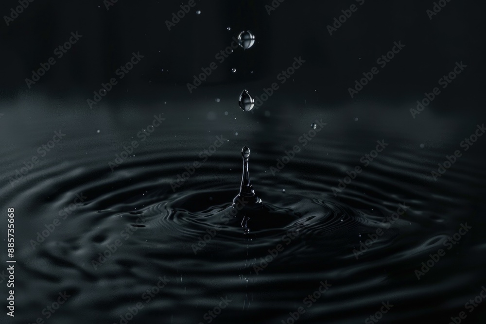 Tranquil and serene closeup of water droplet impact creating ripples on the dark surface, capturing the purity and calm of nature Tranquil and serene closeup of water droplet impact creating ripples on the dark surface, capturing the purity and calm of nature