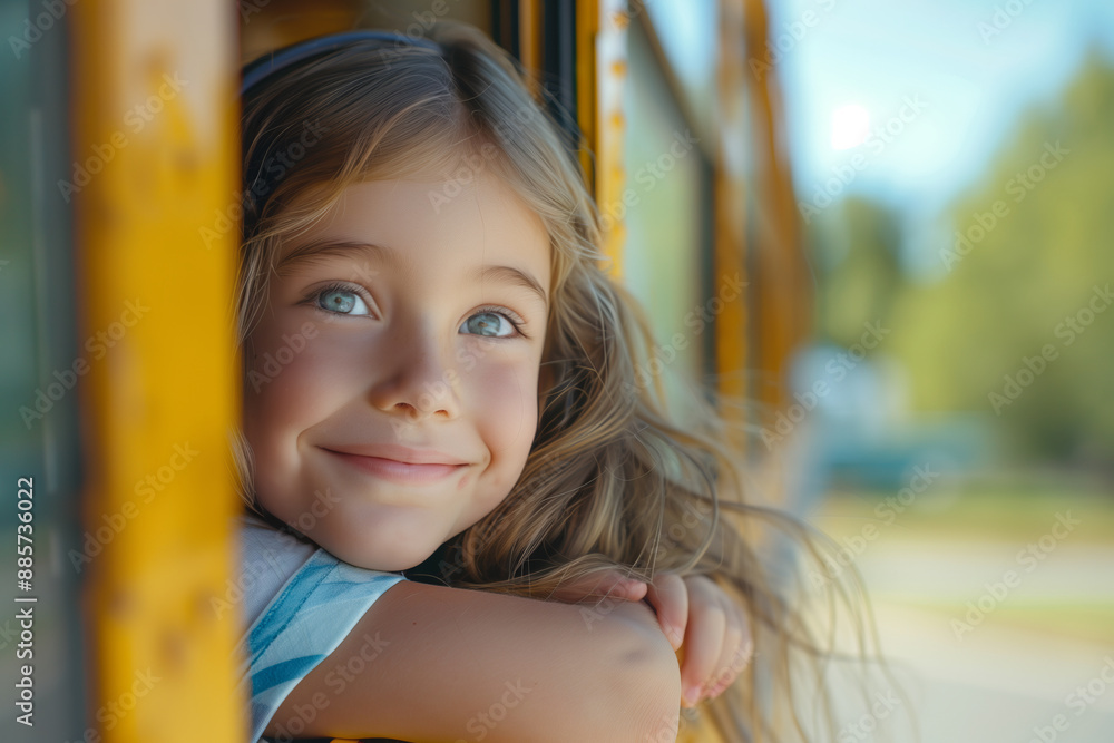 Happy Caucasian girl leaning out the window on a yellow school bus. Happy Caucasian girl leaning out the window on a yellow school bus.