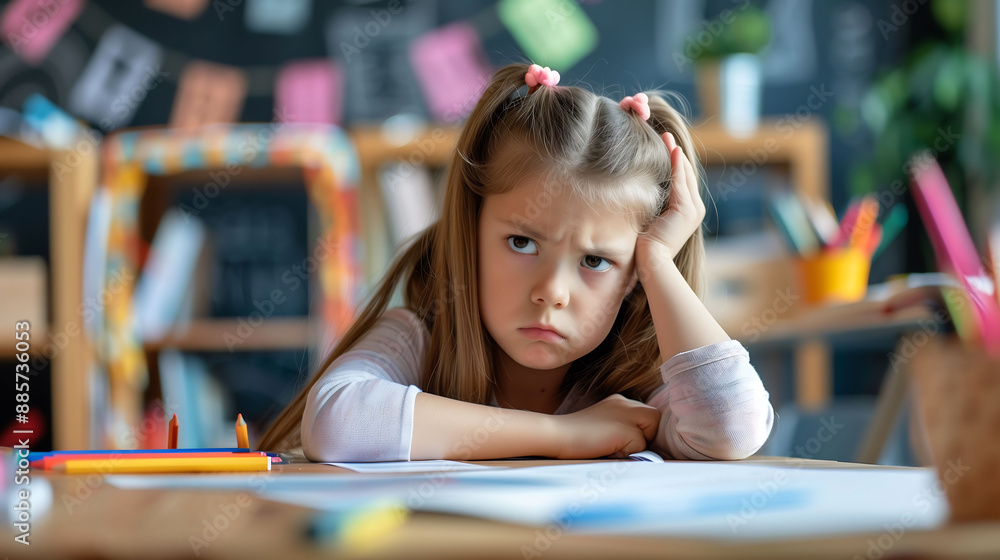 Young girl with a frustrated expression doing homework in a classroom Young girl with a frustrated expression doing homework in a classroom