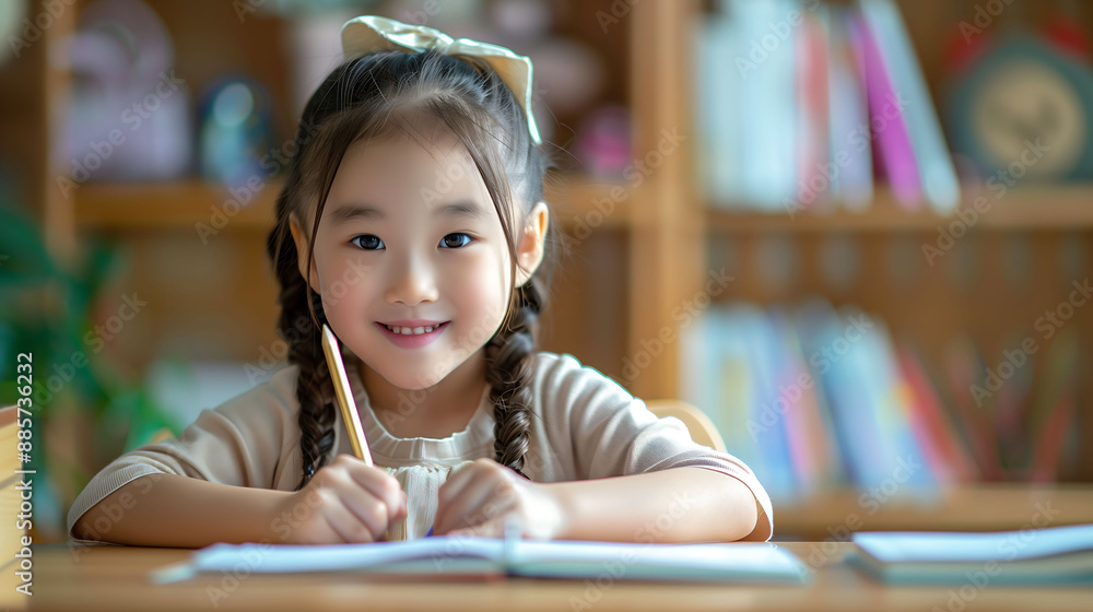 Smiling young girl with braids writing in notebook at classroom desk Smiling young girl with braids writing in notebook at classroom desk