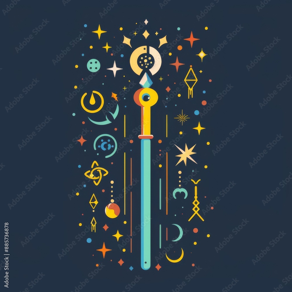 Magic wand, enchanted glow and mystical symbols, flat design illustration Magic wand, enchanted glow and mystical symbols, flat design illustration
