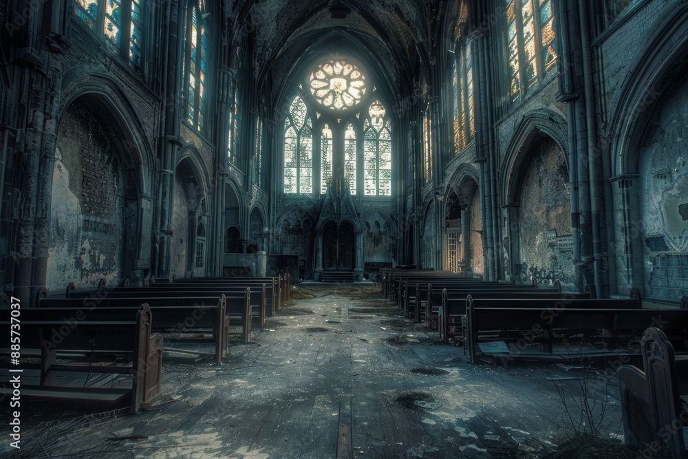 Fototapeta premium Exploring the hauntingly abandoned gothic church interior with decaying pews, eerie architecture, and spooky atmosphere