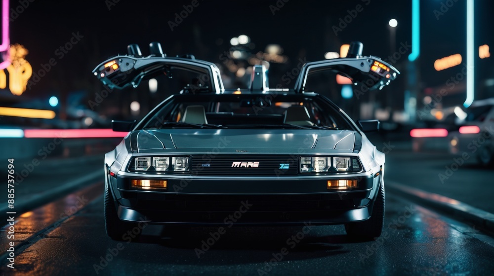 Fototapeta premium Car Parked on Side of Street at Night