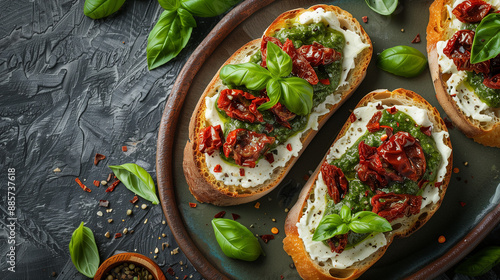 Aromatic bright bruschetta with cream cheese, pesto, sun-dried tomatoes, basil,  on a beautiful plate
