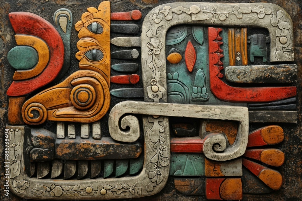 Highdetail photograph of a colorful mayaninspired stone carving with intricate designs Highdetail photograph of a colorful mayaninspired stone carving with intricate designs