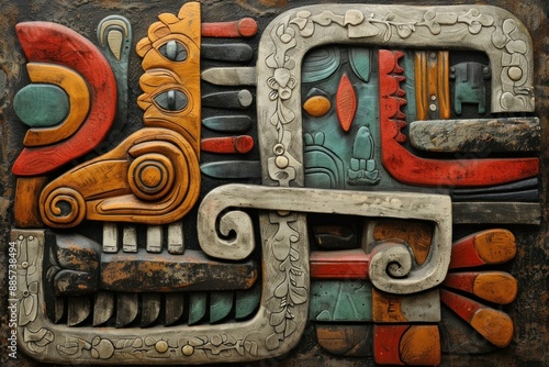 Highdetail photograph of a colorful mayaninspired stone carving with intricate designs