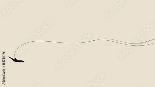 Minimalist image of an airplane in flight with a long trail against a light sky background.
