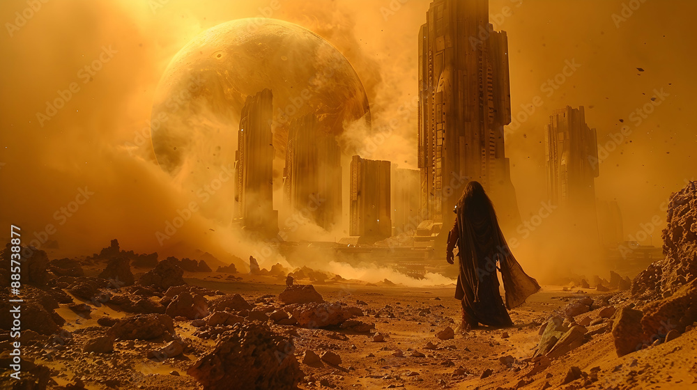 Fototapeta premium A dystopian solar planet with towering structures of an ancient civilization now in ruins