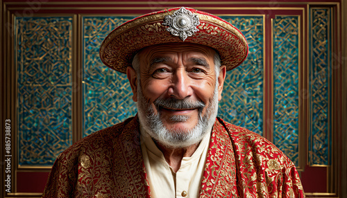 Elderly Uzbek man in traditional Atlas Bayilu robe with Tez Yapma hat photo