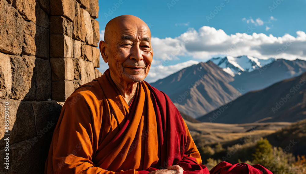 Naklejka premium Elderly Tibetan Monk Meditating in Saffron Robes
