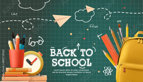 Back to school vector design. Welcome back to school greeting text with backpack schoolbag, alarm clock, pencil and chalkboard educational elements.