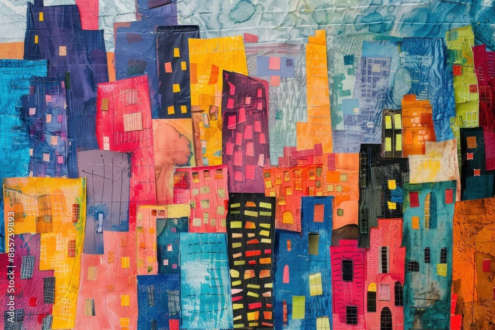 Artistic quilted fabric featuring a vibrant abstract cityscape design Artistic quilted fabric featuring a vibrant abstract cityscape design