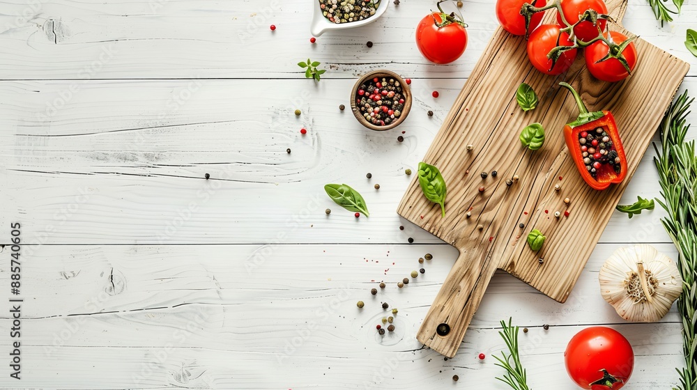 White kitchen background with a top view of a kitchen board vegetables and spices on a white wooden surface White kitchen background with a top view of a kitchen board vegetables and spices on a white wooden surface