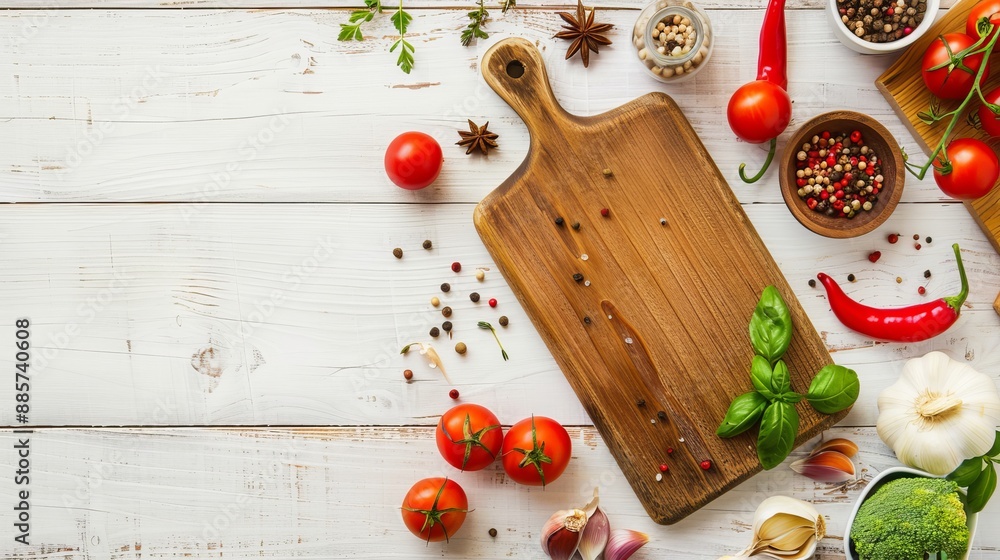 White kitchen background with a top view of a kitchen board vegetables and spices on a white wooden surface White kitchen background with a top view of a kitchen board vegetables and spices on a white wooden surface