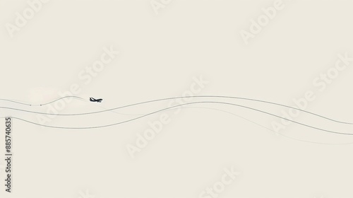 Minimalist background with a black airplane silhouette and a long curved trail on a light beige backdrop.