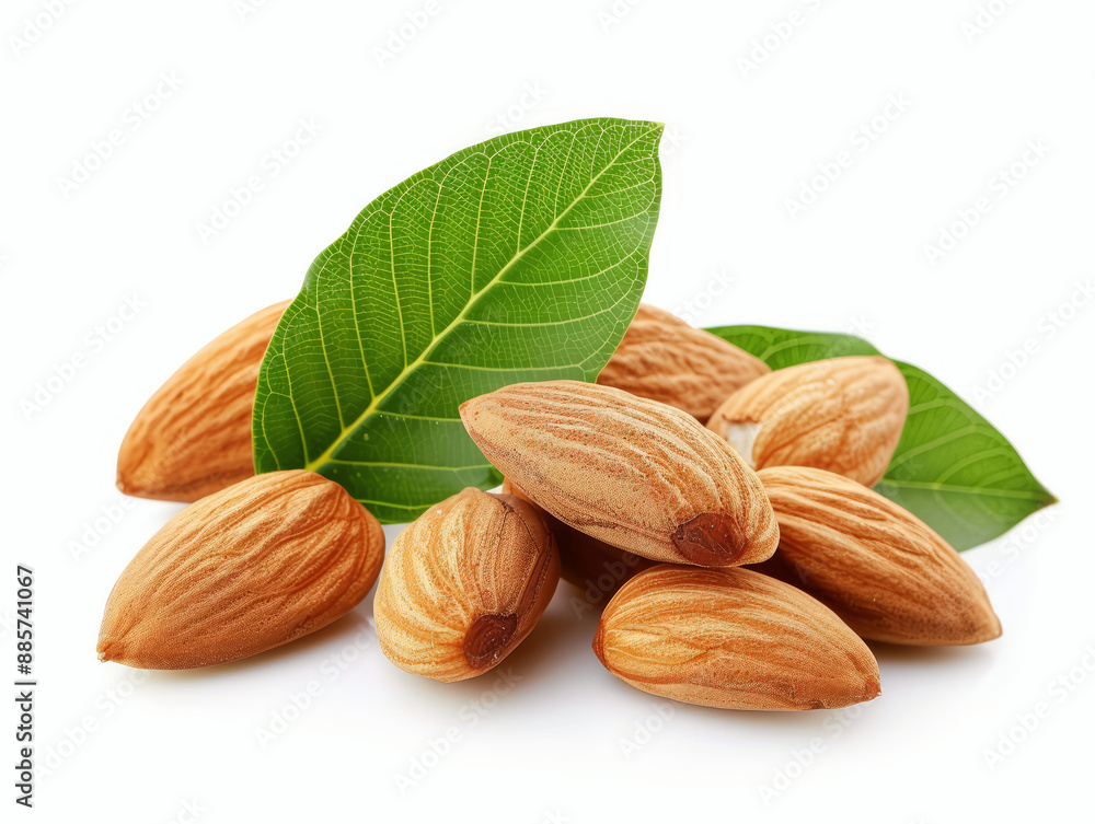 Close-up of almonds with leaves, isolated on white background Close-up of almonds with leaves, isolated on white background
