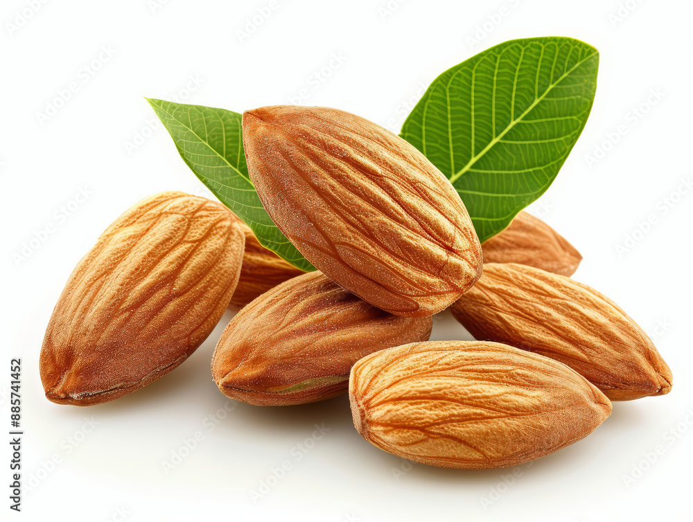 Close-up of almonds with leaves, isolated on white background Close-up of almonds with leaves, isolated on white background