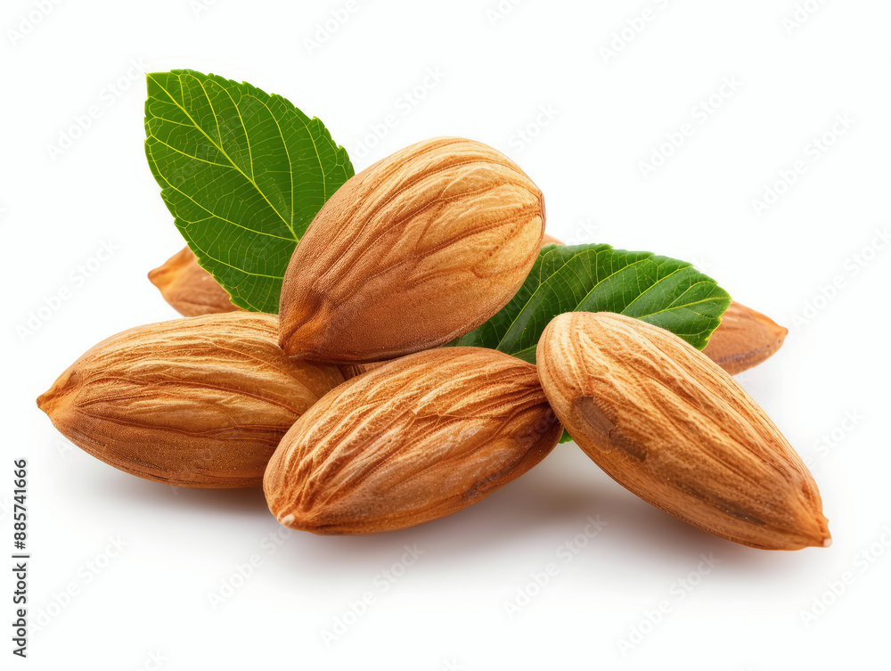 Close-up of almonds with leaves, isolated on white background Close-up of almonds with leaves, isolated on white background