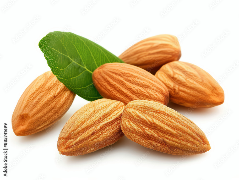 Close-up of almonds with leaves, isolated on white background Close-up of almonds with leaves, isolated on white background