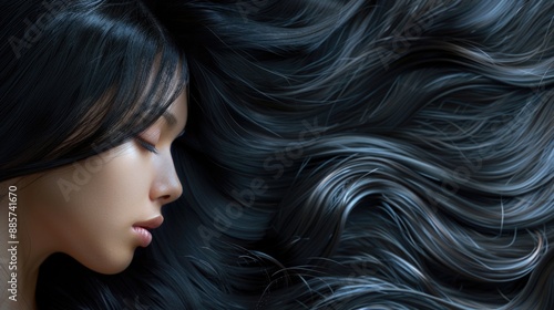 A close-up portrait of a woman with long black hair, ideal for use in editorial and commercial contexts