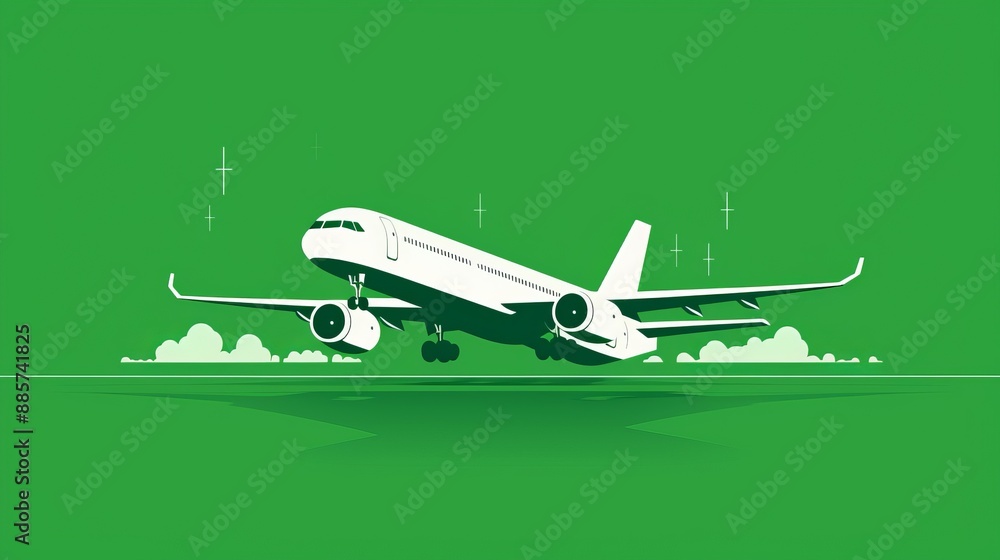 A fresh green background with a simple white line drawing of an airplane A fresh green background with a simple white line drawing of an airplane