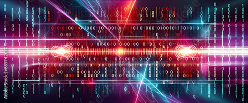 Abstract image blending binary code with high-tech elements like lasers and pulsating lights, conveying technological innovation and energy. High detail and vibrant, futuristic color palette.