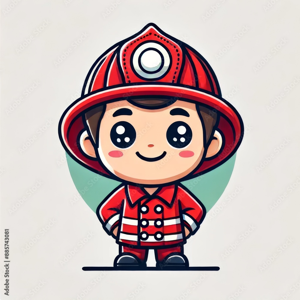 Cute Cartoon Firefighter Character in Red Uniform Cute Cartoon Firefighter Character in Red Uniform