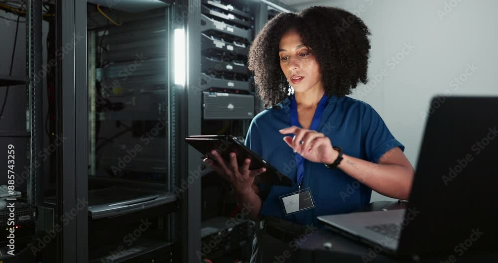 Tablet, engineer and woman on laptop in server room for cyber security, coding or update database. Serious, technician and computer in data center for information technology or programming software