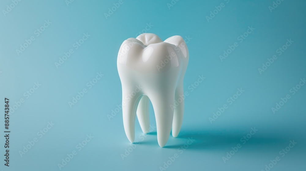 A single white tooth is depicted against a bright blue background A single white tooth is depicted against a bright blue background