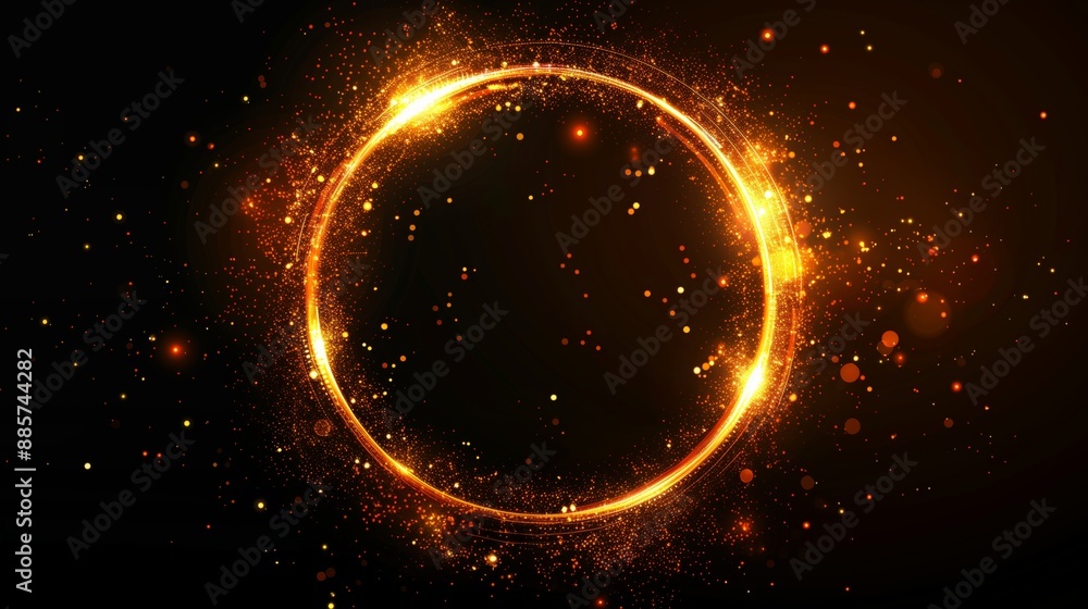 Light effect of a glowing golden circle against dark background. Golden circle with sparkles and vibrant lights on black background. Light effect of a glowing golden circle against dark background. Golden circle with sparkles and vibrant lights on black background.