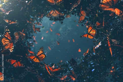 A group of colorful butterflies fluttering around the branches of a tree