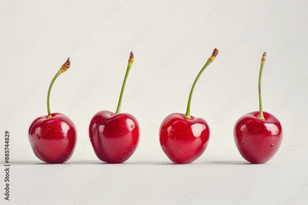 Four whole cherries are placed on a clean white surface, showcasing their vibrant red color. The background is a pure white, highlighting the cherries' natural beauty. Four whole cherries are placed on a clean white surface, showcasing their vibrant red color. The background is a pure white, highlighting the cherries' natural beauty.