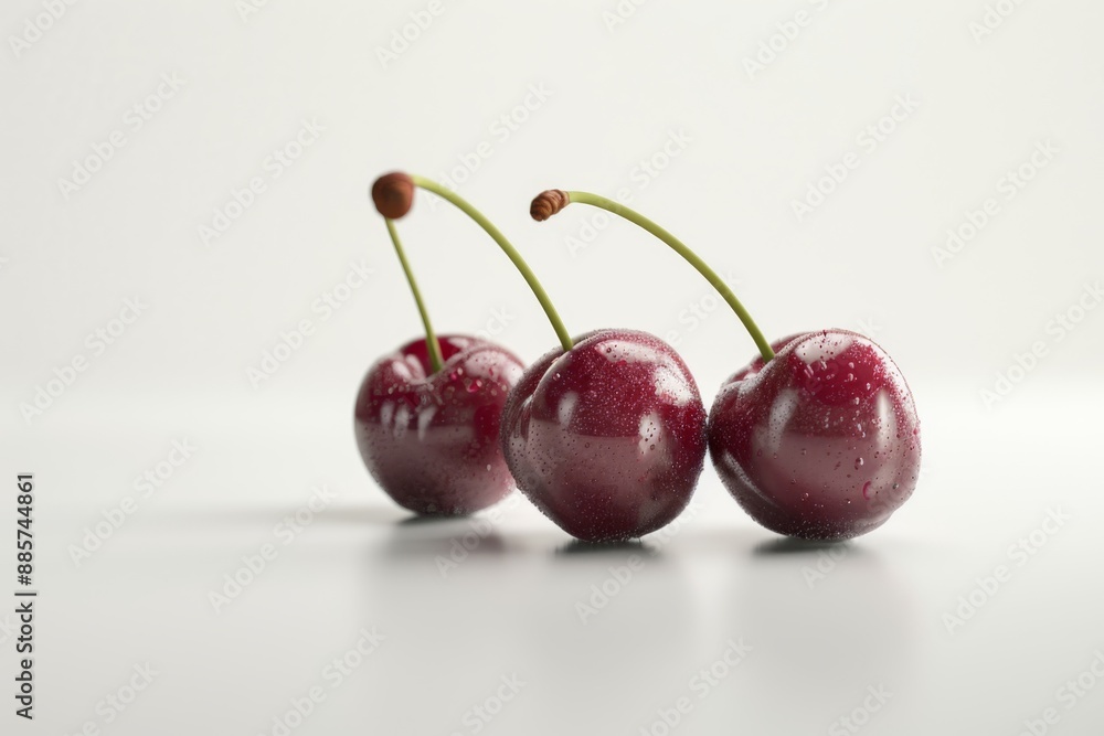 Four whole cherries are placed on a clean white surface, showcasing their vibrant red color. The background is a pure white, highlighting the cherries' natural beauty. Four whole cherries are placed on a clean white surface, showcasing their vibrant red color. The background is a pure white, highlighting the cherries' natural beauty.