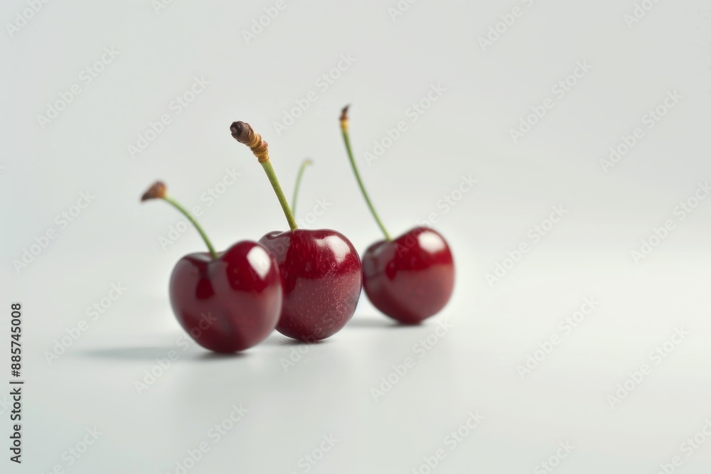 Four whole cherries are placed on a clean white surface, with a plain white background that makes them stand out. The cherries appear ripe and juicy. Four whole cherries are placed on a clean white surface, with a plain white background that makes them stand out. The cherries appear ripe and juicy.