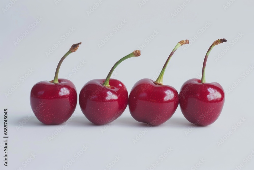 Four whole cherries are placed on a clean white surface, with a plain white background that makes them stand out. The cherries appear ripe and juicy. Four whole cherries are placed on a clean white surface, with a plain white background that makes them stand out. The cherries appear ripe and juicy.