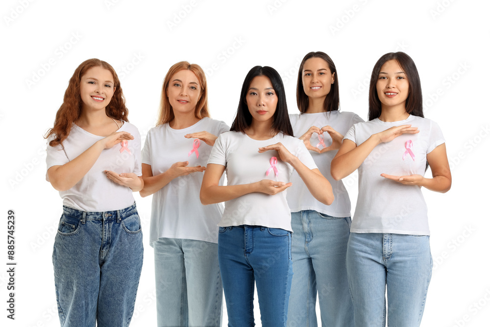 Beautiful women with awareness pink ribbons on white background. Breast cancer concept Beautiful women with awareness pink ribbons on white background. Breast cancer concept