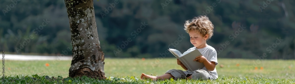 Fototapeta premium Child reading book under tree on school grounds