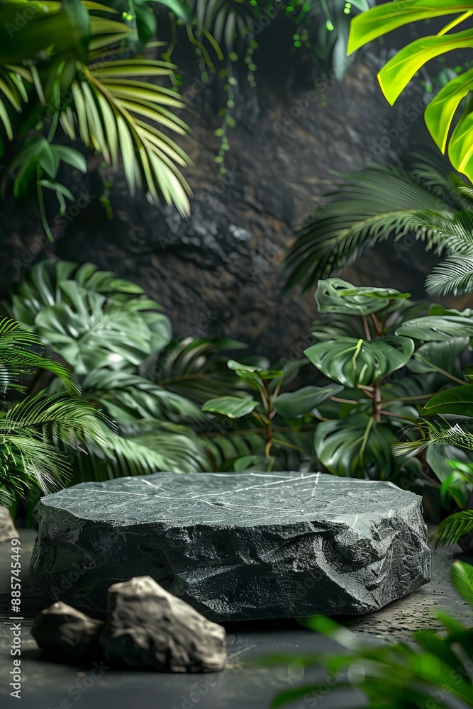 Stone podium for product presentation mockup with tropical leaves on dark background Stone podium for product presentation mockup with tropical leaves on dark background